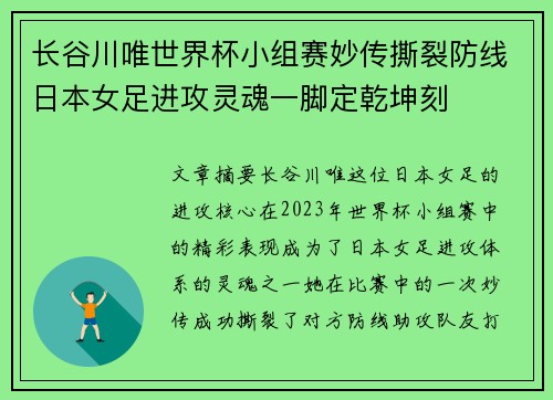 长谷川唯世界杯小组赛妙传撕裂防线日本女足进攻灵魂一脚定乾坤刻 长谷川唯世界杯小组赛妙传撕裂防线日本女足进攻灵魂一脚定乾坤刻